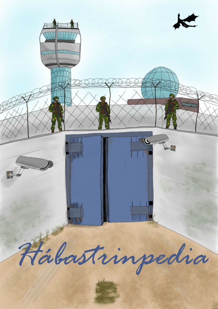 Dibujo: entrada a una base militar custodiada por varios militares con armas y un dragón sobrevolándola. Sobre ella se lee el texto Hábastrinpedia