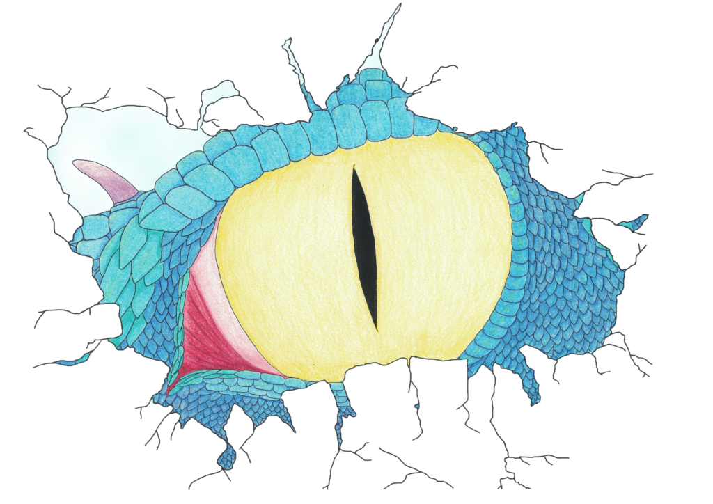 Dibujo: Ojo amarillo de un dragón de escamas azules que mira a través de un agujero.