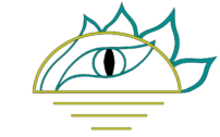 Logotipo de Leyendo al Alba: Dibujo minimalista de un sol amaneciendo a través del cual se asoma el ojo y las escamas de la cabeza de un dragón.