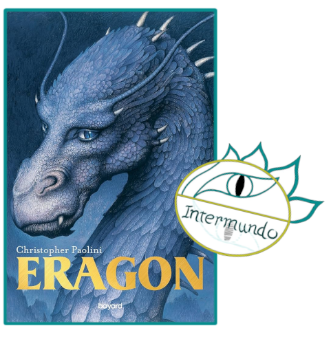 Portada de la novela Eragon, escrita por Christopher Paolini bajo el sello del logo de Proyecto Intermundo.