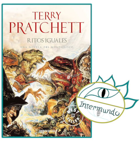 Portada de la novela Ritos Iguales, escrita por Terry Pratchett bajo el sello del logo de Proyecto Intermundo.