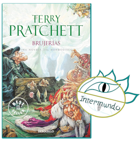 Portada de la novela Brujerías, escrita por Terry Pratchett, bajo el sello del logo de Proyecto Intermundo.