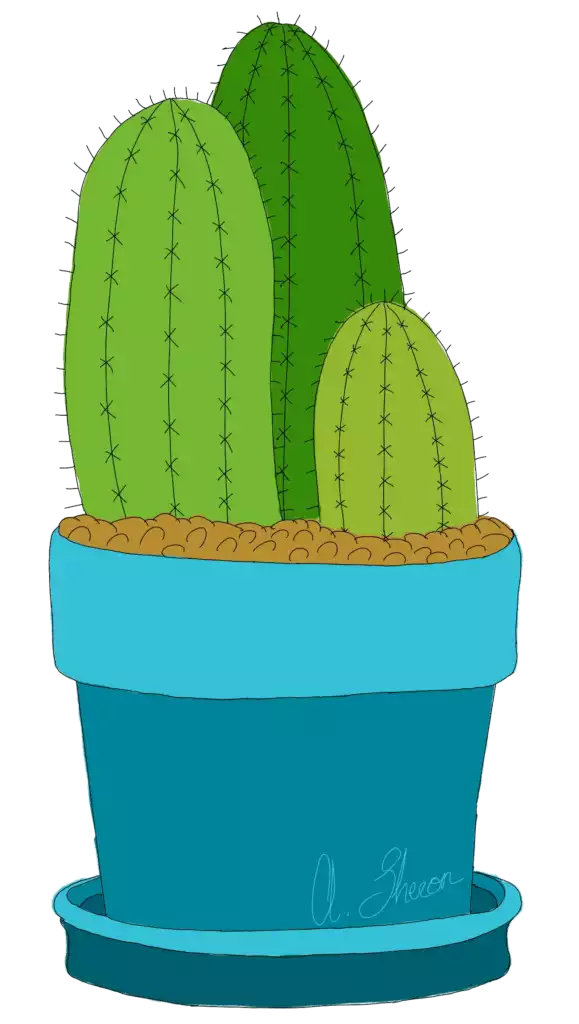 Dibujo digital de un cactus en una maceta azul.