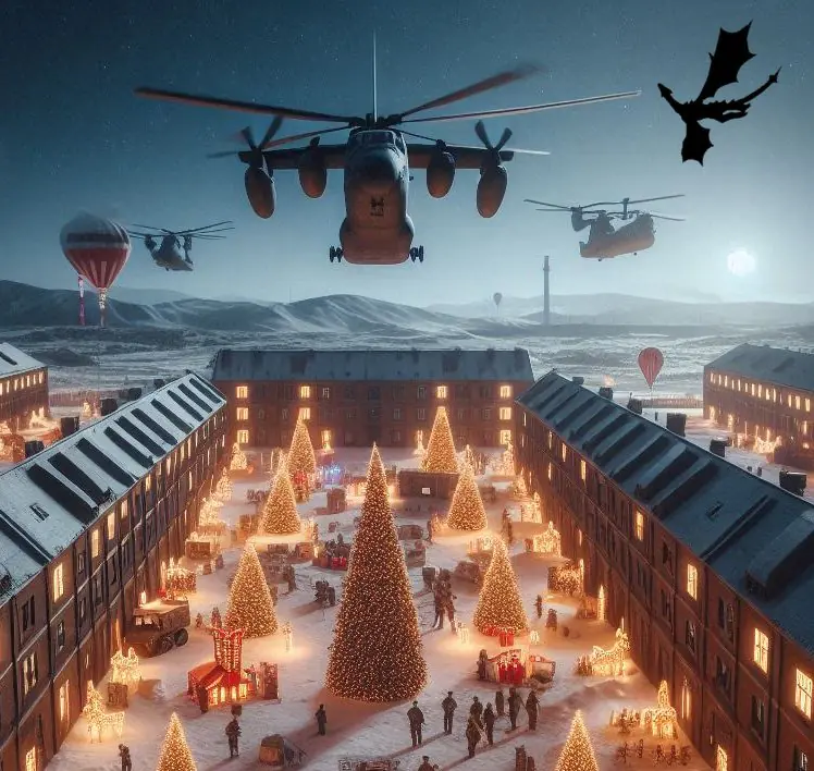 Base militar al aire libre, de noche, decorada de Navidad y con helicópteros de combate en el cielo y un dragón sobrevolándolo todo.