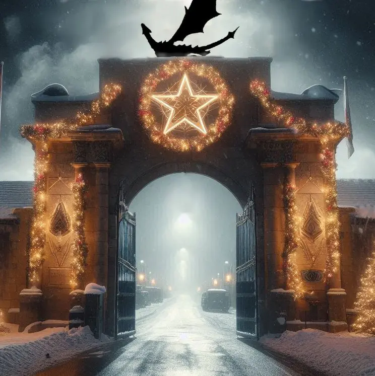 Puerta de base militar de noche, iluminada con luces anaranjadas, propias de la navidad pero con un ambiente oscuro, con neblina y frío. Hay un dragón sobrevolando el cielo, sobre la puerta.