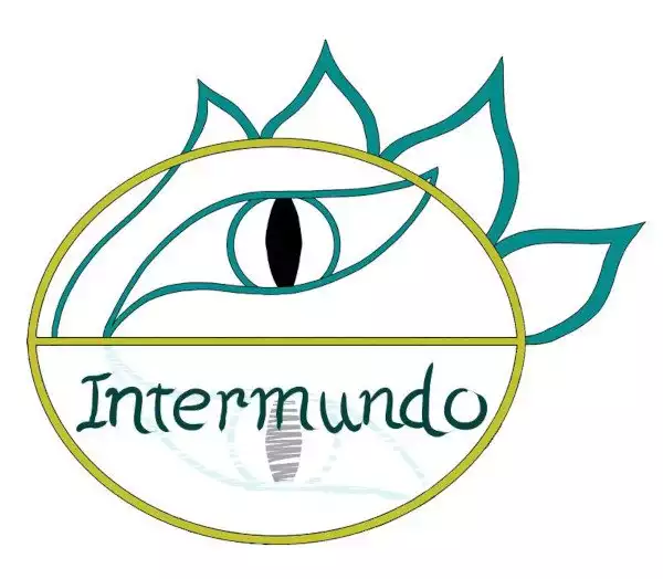 Logotipo del Proyecto Intermundo: logo de leyendo al alba con el círculo que simula el sol completo. Aparece muy tenue el reflejo hacia abajo del ojo de dragón del interior del sol. Sobre el reflejo se lee la palabra Intermundo.