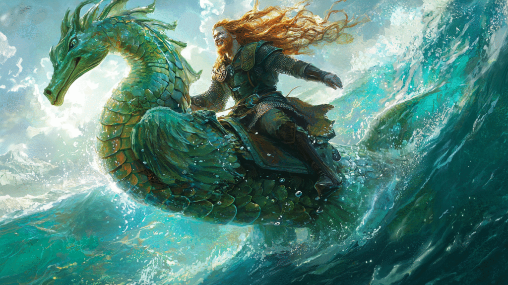 Hjalmar, protagonista de la novela Selaön, montando sobre un hipocampo gigante.