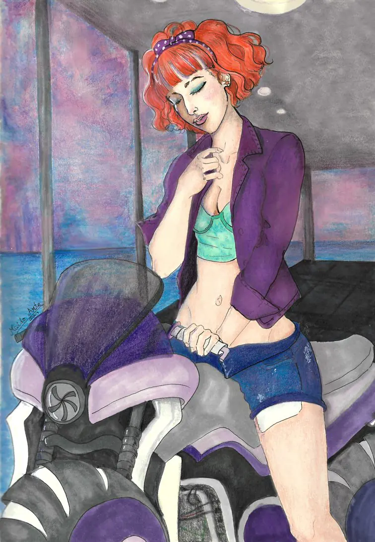 Imagen de Viada Martín, protagonista de la novela Maldito atropello escrita por Maido Rodenas Zafrilla. Viada está montando en una  moto, en una ilustraciones de tonalidades violetas y grises.
